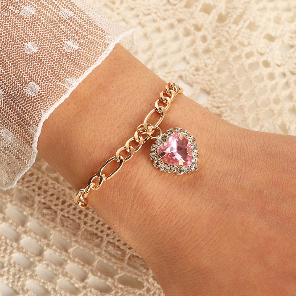 3/$35 Pink Heart Cubic Zirconia Gold Chain Charm Pendant Bracelet Diamond